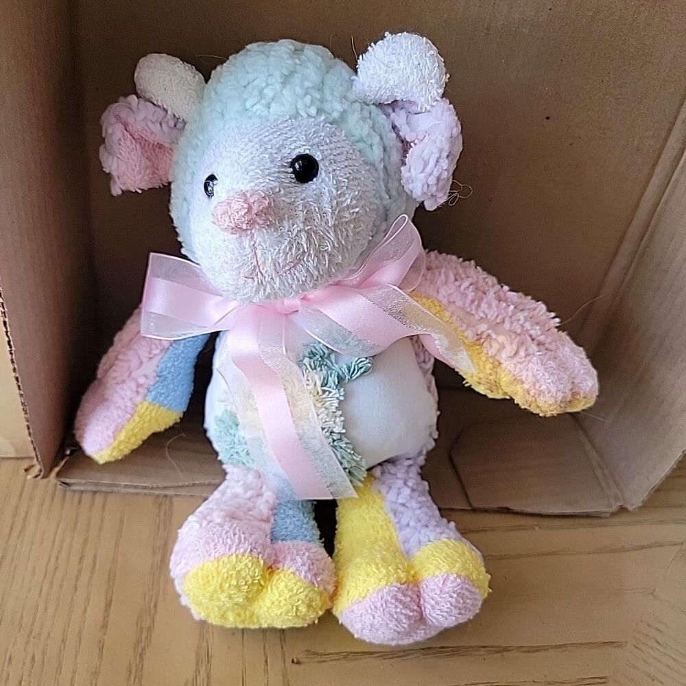Ram Sheep Plush Stuffed Horns Pastel Terry Cloth Chenille 11" Rare Preowned